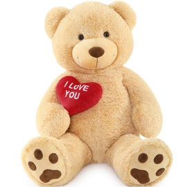 BENINY Red Heart Giant Teddy Bears, Brown Big Teddy Bear Stuffed Animals with Embroidered I Love You for Girlfriend, Large Valentines Fluffy Teddy Bear Birthday Gifts 36 inch