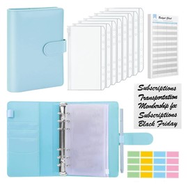 MATHARAGO A6 PU Leather Binder Budget Planner Organizer 6 Ring Binder Cover, 8Pcs Binder Pockets, 12Pcs Expense Budget Sheets & 2Pcs Categories Sticker Labels, Money Saving Binders for Budgeting(Blue)
