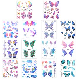14 Sheets Glitter Butterfly Temporary Tattoos for Women Girls Butterfly Mermaid Fairy Flowers Tattoo Stickers, Colorful Butterflies Wings Fake Waterproof Tattoo Stickers for Festival Party Eye Makeup
