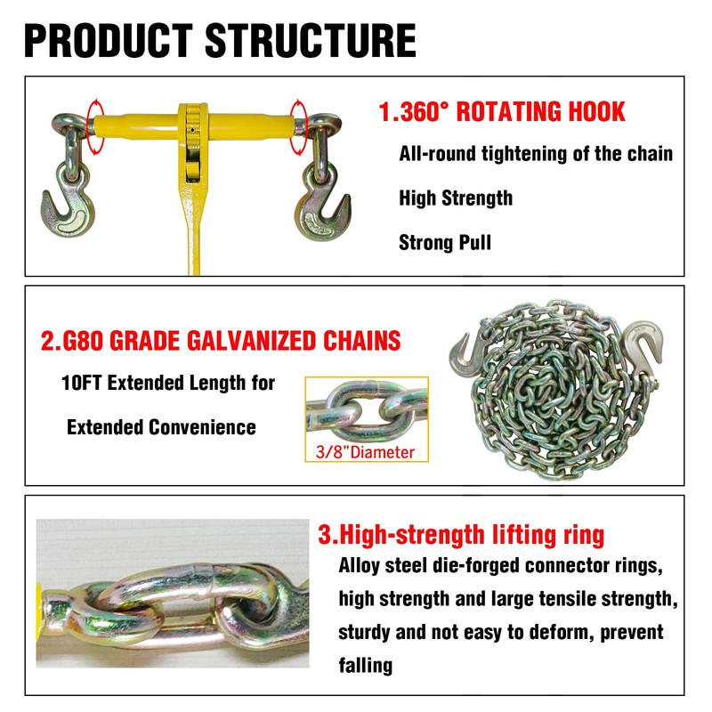 Chain and Binder Kit 5/16in-3/8in，G80 Chains Heavy Duty Ratchet Load