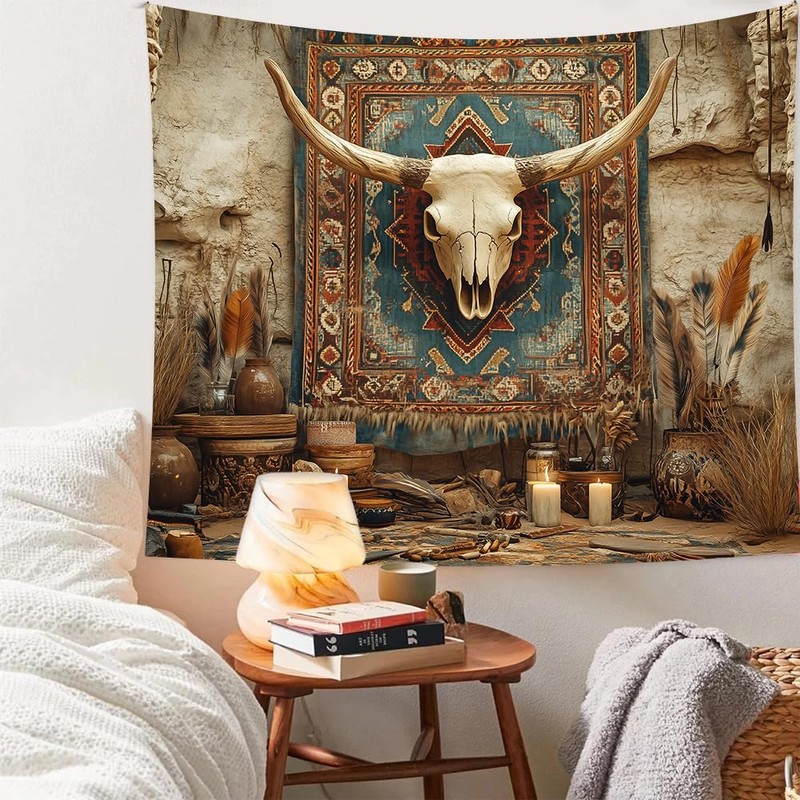 RichIdeas Western Tapestry Tribal Totem Bull Skull Wall Hanging