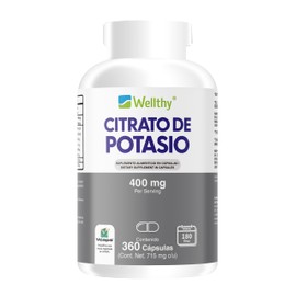 Wellthy Citrato de Potasio 360 Cápsulas 400mg. 180 Porciones por Envase para 6 meses de consumo, Hecho en Planta Certificada, VCaps Cápsulas Vegans.