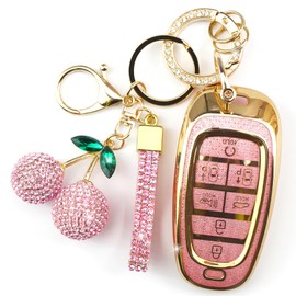 Rayslesan Sparkly Key Fob Cover with Cherry Keychain, Bling TPU Smart Key Case for Women, Compatible with Hyundai Sonata Santa Fe Tucson Nexo 2019-2021 Palisade 2023-2024 (7-Button, Gold Pink)
