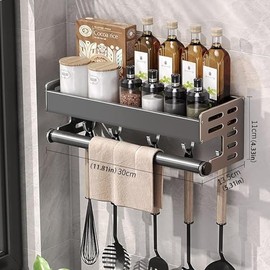 Spice Rack No Drilling Wall 30/40/50 cm, Kitchen Organiser Made of Aluminium, Wall Shelf Spices with 5 Hooks, Towel Rail & Green Pot Lid Holder for Kitchen and Bathroom (30 cm)