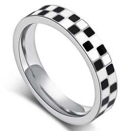 AmorArtSky Modern Silver Stainless Steel Finish, Sleek Black and White Checkered Pattern Knuckle Ring for Women, Comfort Fit Stackable Band Gift. (Size 6-10)