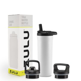 ZULU 18oz Kids Stainless Steel Water Bottle with 3 Lids- Straw, Chug, Twist | Double Walled and Vacuum Insulated Metal Thermos | Fits Car Cupholder, Built in Carry Loop, Dishwasher Safe, White