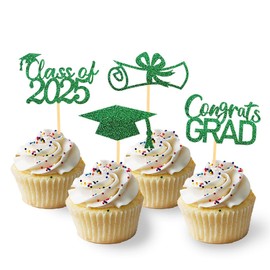 2025 Graduation Theme Cupcake Toppers Glitter Class of 2025 Graduation Cap Diploma Cupcake Picks - Set of 24 (Green)