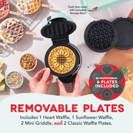 DASH Multimaker Mini System - Waffle Maker with Six 4” Removable Plates & Storage Case: Waffle Iron & Griddle, 4-in-1 Mini Waffle Maker for Kids and Families – Nonstick Surface, Just Add Batter (Aqua)