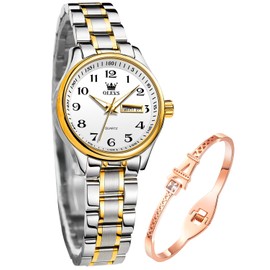 OLEVS Women's Watches Gold Silver Easy to Read Wrist Watches for Women with Small Face Day Date Stainless Steel Strap Waterproof, 5567L Gold/Silver, Bracelet