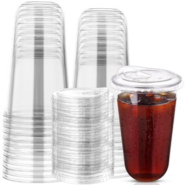 50 Sets Disposable Stemless Glasses With Strawless Sip Lids,PET Drinking Cups,Clear Plastic Coffee Cups for Iced Coffee, Smoothie, Cold Beverage, Drink Shop and Christmas Party Supply (Clear, 20 oz)