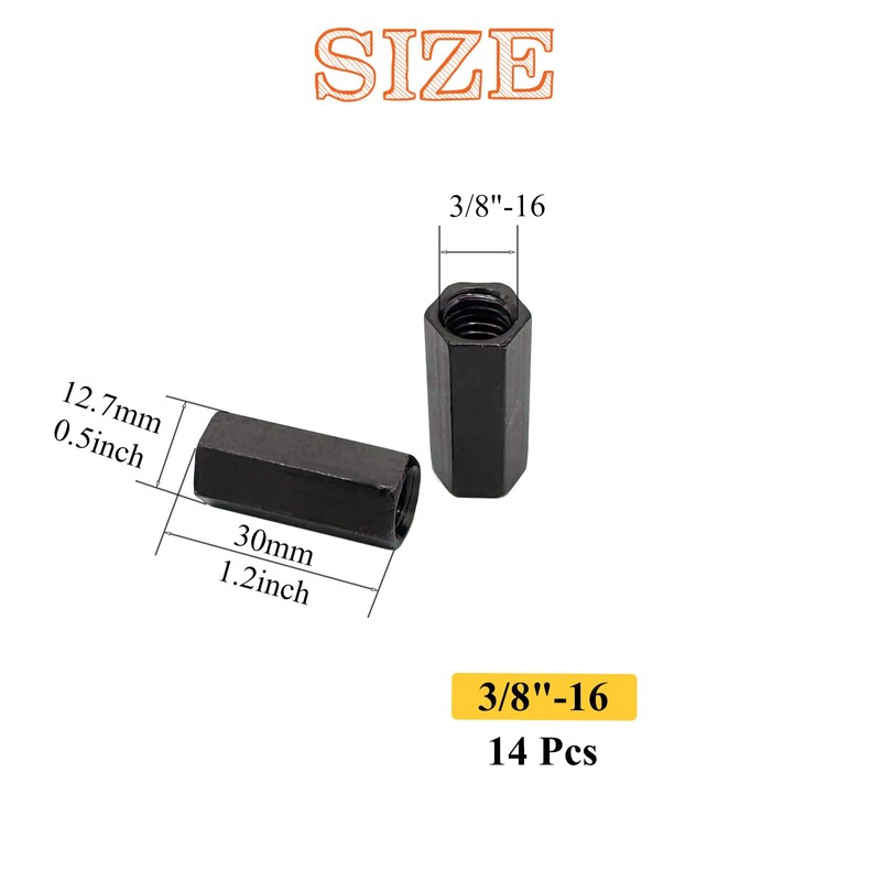 Matrelt 14Pcs Black 3/8"-16 Hex Coupling Nut, Threaded Rods Nuts