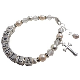 Creamrose Pearl Name Baby Girl Bracelet with Sterling Cross Charm