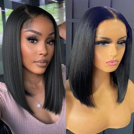 Short Bob Lace Front Wigs Human Hair Pre Plucked Glueless 13x4 HD Lace Frontal Wig With Baby Hair 150% Density Straight Bob Wigs For Black Women (Natural Black Bob Wig, 14 Inch)