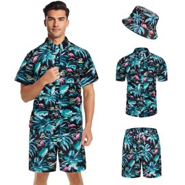 Ficlwigkis Hawaiian Shirt and Shorts Set with Bucket Hats, Flower Beach Luau Outfits Tropical for Men