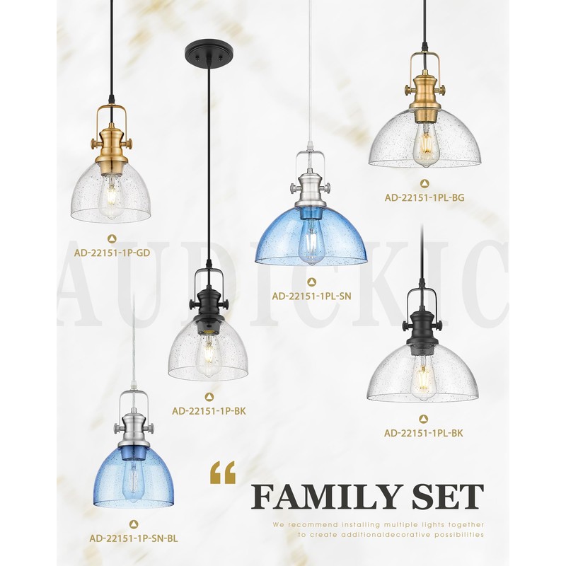 Audickic Black Pendant Lights Kitchen Island, 10.5" Farmhouse Pendant Lighting