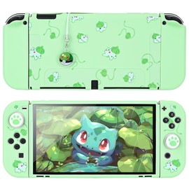 DLseego Protective Case Compatible with Switch OLED,Soft Touch Slim Cover Shell with 2PCS Thumb Grip Caps and Elf Balls Charm,Shock Absorption and Anti-scratch,Green Frog