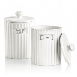 Ronasip White Ceramic Bathroom Organizer and Storage Jars with Lid, 2 Pack Qtip Holder and Cotton Pad Dispenser, Apothecary Canisters for Vanity, Kitchen Countertop, Home Decor