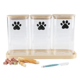 Brabtod 50oz Glass Dog Treat Jars Set of 3,Clear Dog Treat Container with Bamboo Lids and Tray,Airtight Cat Treat Jar,Pet Treat Canister,Puppy Food Bin,Cookie Jar-Keep Fresh Crispy