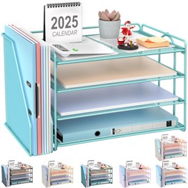 gianotter 2025 New Large Capacity Desk Organizer with Detachable Magazine Holder, 4-Tier Paper Organizer Letter Tray, Desk Accessories for A4 Paper and Document Storage(Blue)