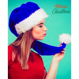 Long Blue Santa Hat for Adult Unisex, Soft Velvet Xmas Hat, Fluffy White Fur Trim, Fuzzy Santa Clause Hat for Christmas New Year Festival