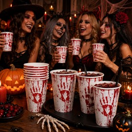 Halloween Disposable Tableware for Horror Parties – Bloody Handprint Paper Cups & Serveware for Spooky Party Decor