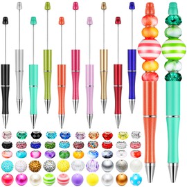 Yexiya 10 Pieces Beadable Pen Bead Pens with Assorted Colors Beads for Pens Multicolor Ballpoint Pen Colorful Spacer Bead with 4mm Hole Black Ink Beaded Pens for Kids Back to School DIY Supplies