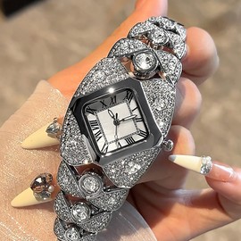 BESTKANG Elegant Women's Luxury Watch Rhombic Square Rhinestone Bracelet Roman Numerals Dial Quartz Watch Ladies Dress Analog Wrist Watches for Women (Silver White)