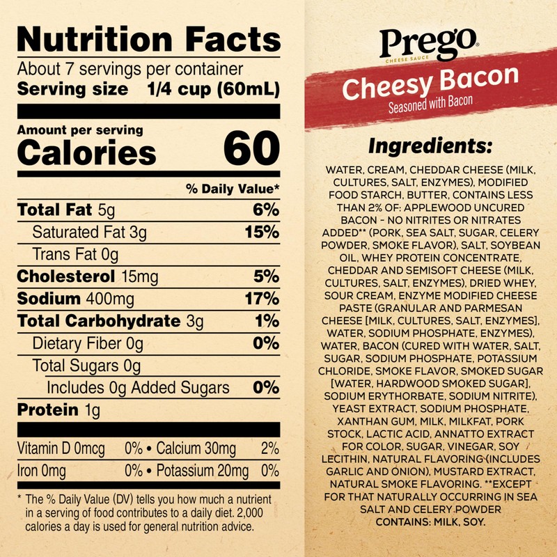 Prego Cheesy Bacon Cheddar Cheese Sauce, 14.5 oz Jar, 12
