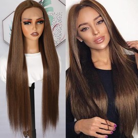 Lezaxiu 30 Inch Brown Lace Front Wigs Pre Plucked Long Straight Hair HD Lace Wigs Chocolate Brown Wig Heat Resistant Fiber Hair Glueless Synthetic Frontal Lace Wigs for Black Women