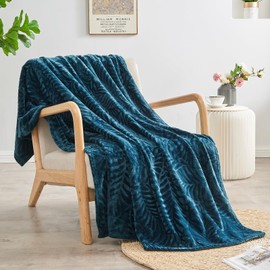 SOCHOW Super Soft Flannel Fleece Throw Blanket, Lightweight Cozy Warm Leaves Textured Plush Blanket for Bed Couch Sofa, 50 x 60 Inches, Blue Coral