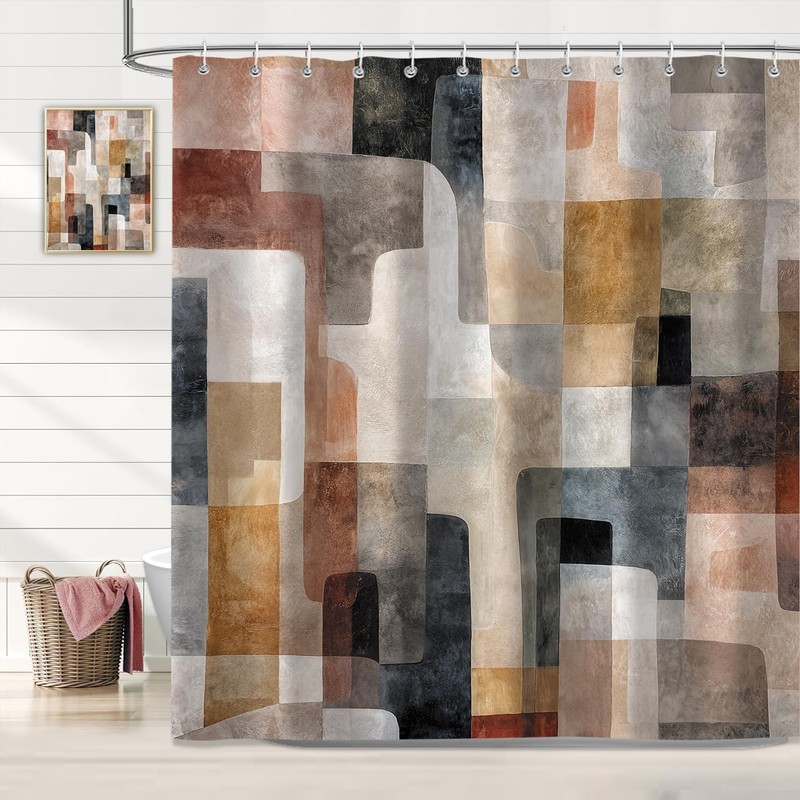 Moonslim Boho Beige Brown Grey Shower Curtains, Mid Century Abstract