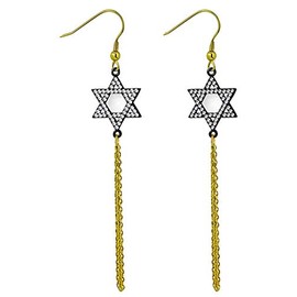 Stainless Steel CZ Black Yellow Gold-Tone Jewish Star of David Dangle Drop Chain Earrings