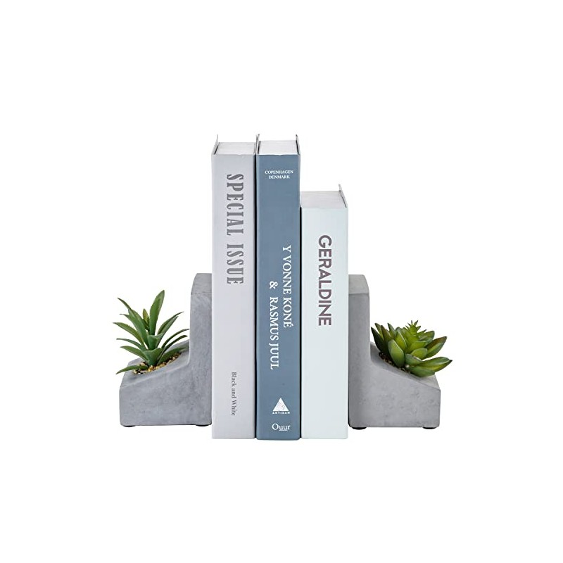MyGift Sujetalibros en Forma de L de hormigón con Plantas