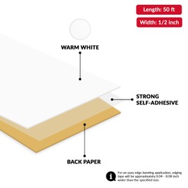 White PVC 1/2 inch x 50 ft Edge Banding Tape Peel Stick Adhesive Edging Veneer Trim Flexible Vinyl Strip Molding Wood Cabinet Laminate Shelf Furniture Countertop Formica Plywood Board Repair