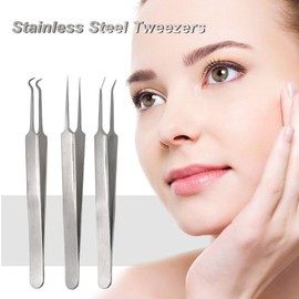 3pcs Acne Clip Facial Pimple Comedone Nippers Curved Straight Blackhead Tweezer Set Stainless Steel Blemish Tools