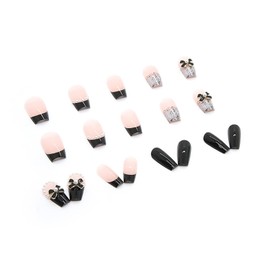 24Pcs Press on Nails Medium Length Fake Nails with Black Bow Pearl Designs,Artificial Acrylic Full Cover Reusable Coffin False Nails, Women Glue on Nails Set,Stick on Nails for Nail Art