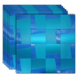 YMMXGE 6-Sheet Peel and Stick Metal Backsplash for Kitchen， Self Adhesive Aluminum Mosaic 3D Wall Sticker Panel 11.81"x11.81"x0.12" (6, Brushed Blue)