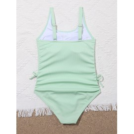 OYOANGLE Girl's Cute Spaghetti Straps Round Neck Drawstring One Piece Swimwear Tie Bathing Suit Mint Green 160