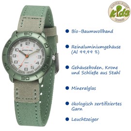 JACQUES FAREL Organic Children's Watch with Textile Strap Made of Organic Cotton Analogue Quartz Khaki Green ORGS 477, Mint Grey, Strap.