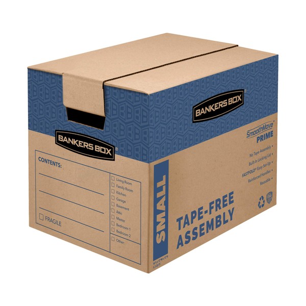 Bankers Box SmoothMove Prime Moving Boxes, Tape-Free, FastFold Easy Assembly, Handles, Reusable, Small, 12 x 12 x 16 Inches, 10 Pack (0062716)