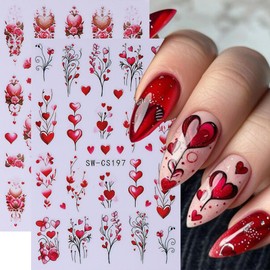 Valentine's Day Nail Art Sticker Decals 6PCS Red Heart Flower Nail Stickers 3D Self-Adhesive Nail Decals Love Tree Branch Rose Valentine Nail Supplies Cute Flower Heart Nail Decoration for Women Girls