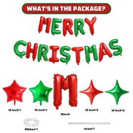 FunHot Merry Christmas Balloons Banner, Red Green Merry Christmas Foil Balloons, 16 Inch Xmas Letter Balloons with 10 Inch Christmas Green Red Star Balloons for Christmas Themed New Year Party Decor