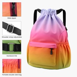 Pystuvo Drawstring Gym Bag, Large Drawstring Bags With Mesh Pockets Water, Nylon Waterproof swimming Bags Swim Bag With Outside Zipper For Sports Holidays Swimming Travel, Gradient color