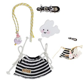 17cm Doll Clothes Set-Adorable Outfits for Dolls-Stylish Accessaries Clothes Dress-Up-Replaceable Clothing Collections, Includes Striped Dress, Hair Clip, Necklace, Rabbit Brooch