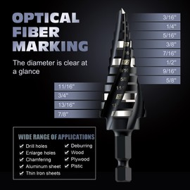 M35 Cobalt Step Drill Bit Set, Four Spiral Flute Cobalt Step Drill Bit, 3/16”-7/8" Impact Unibit Bit,for for Stainless Steel, Wood,Stainless Steel, Wood