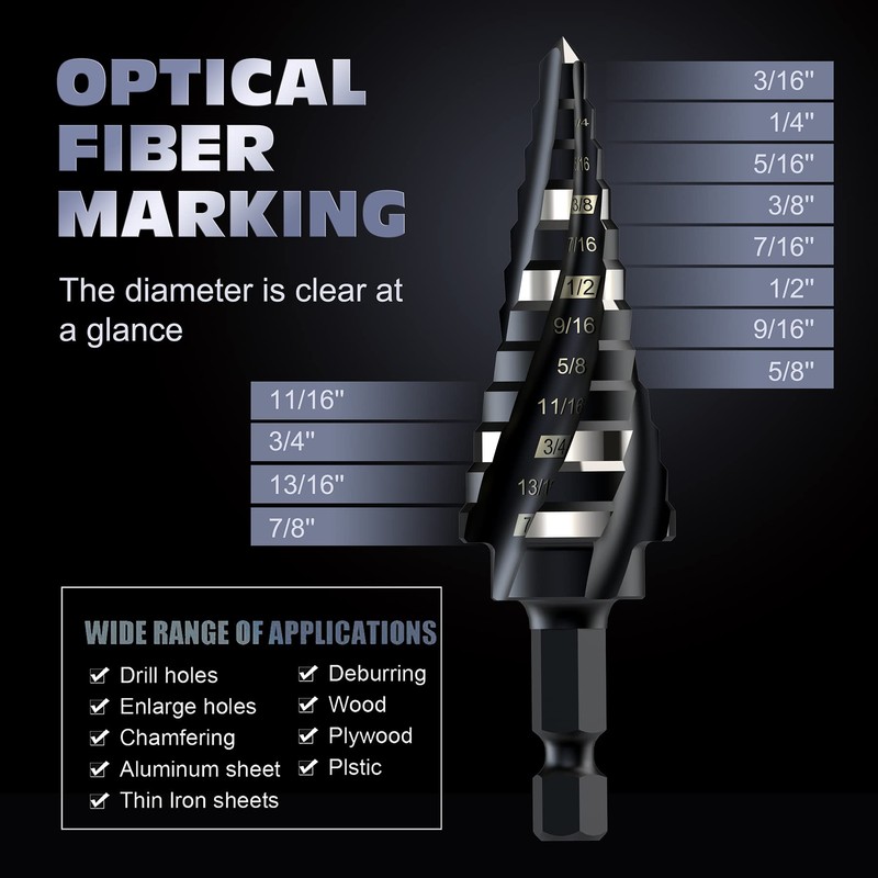 M35 Cobalt Step Drill Bit Set, Four Spiral Flute Cobalt