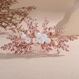 Lenjicons Vintage Flower Leaf Rhinestone Hair Comb Teardrop Rhinestone Hairpiece Silver Gold Wedding Hair Comb Handmade Rhinestones Headpiece for Wedding Women (pink)