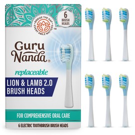 GuruNanda Lion & Lamb 2.0 Replacement Brush Head (Pack of 6), Round-Ended, Soft Bristles to Help with Plaque Control, BPA-Free, IPX7 Waterproof - White