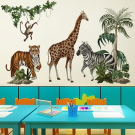 LOONELO Jungle Wild Animals Safari Wall Stickers, Peel & Stick 3D Palm Leaves Tiger Giraffe Elephant Tree Branch Decals, Removable Vinyl Monkey Mural for Nursery Bedroom Wall Decor