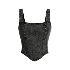 WDIRARA Women's Denim Corset Tank Top Asymmetrical Hem Crop Tops Sleeveless Zip Up Back Tanks Black Medium